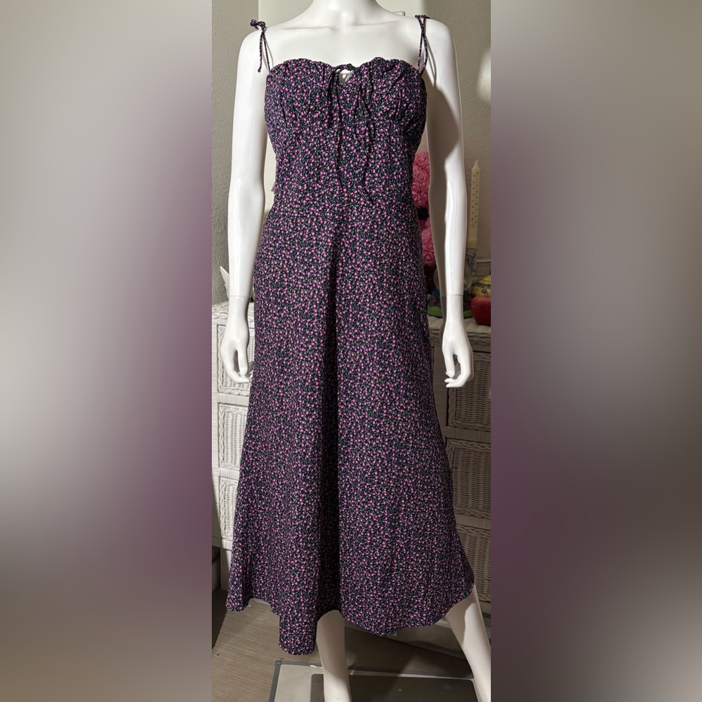 Etophe Studios Dainty floral Black Midi Dress Adjustable Spaghetti Straps Size L